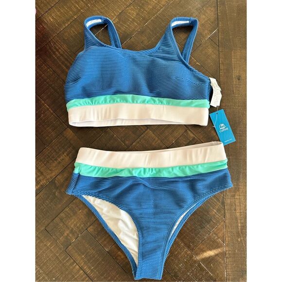 Cupshe Blue and Teal Ribbed Color Block Bikini Size Medium New - Picture 4 of 6